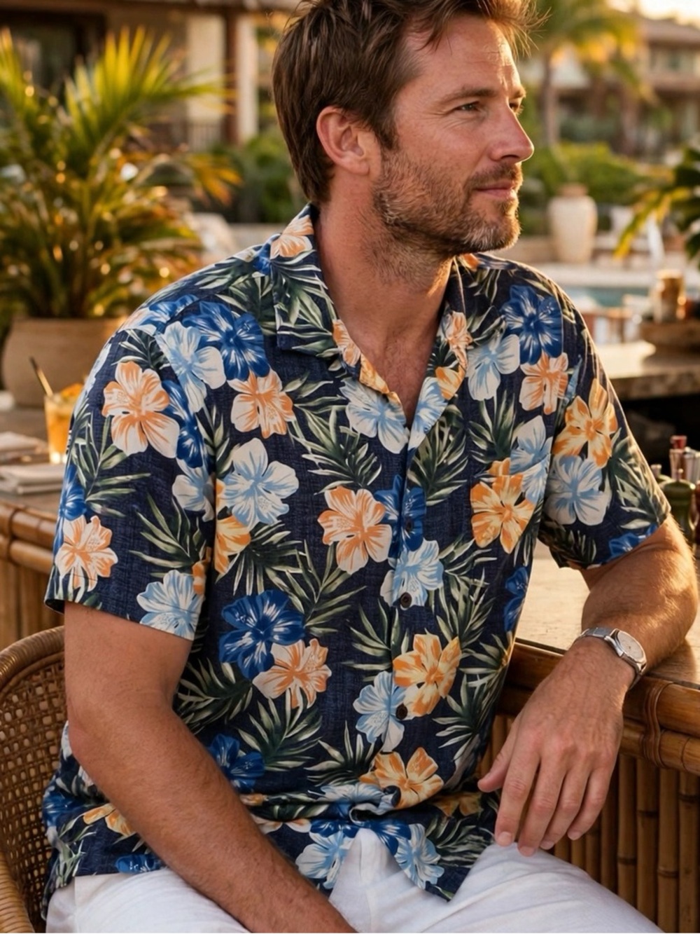 Caribbean Brand Navy Tropical Short-Sleeve Button-Down Shirt